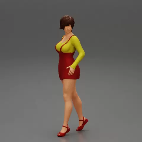 Happy brunette woman with short hair in denim short overalls by 3DGeschaft Miniatures Figures