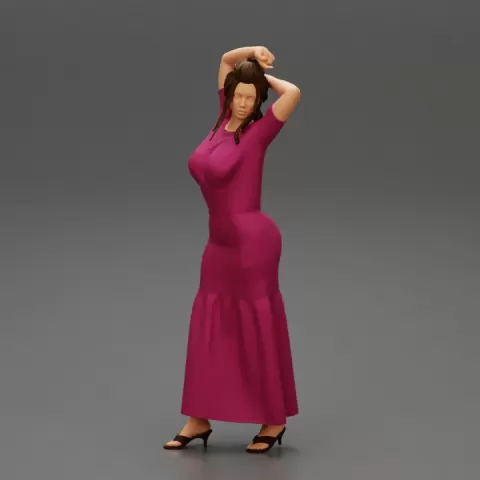 Pretty Woman in long Dress with Hands Behind Her Head by 3DGeschaft Miniatures Figures
