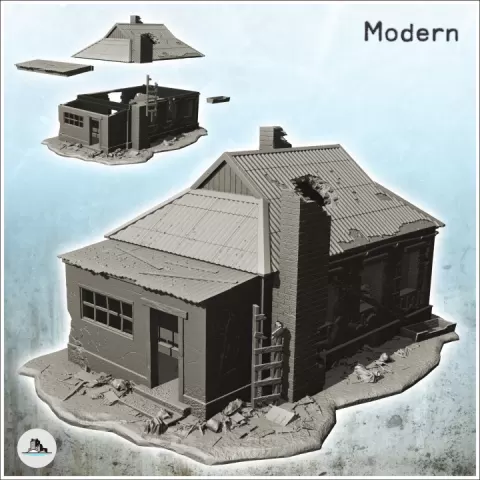 Modern house with tin roof and external chimney (damaged version) (props included) (8) - Cold Era Warfare Conflict World War 3 WW2 WW3 by Hartolia Miniatures