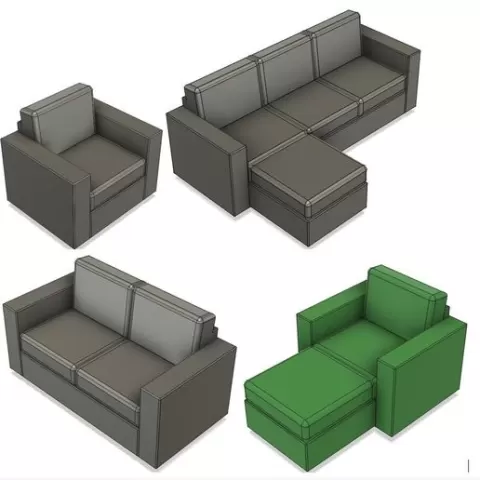 Set of STL, Sofa Group, 3-seater, 2-seater, Armchair and a Recliner, Dollhouse Miniature, STL File for printing 3D Object