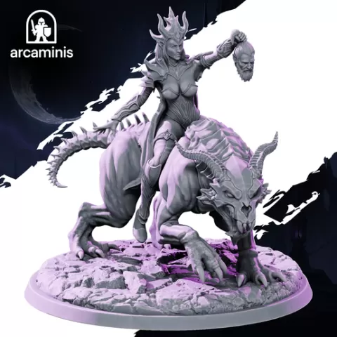 Dark Elf Huntress Beast Rider - 32mm 75mm scale Presupported Miniatures Sexy Female Elf Fantasy Tabletop Wargames Figures 3D File