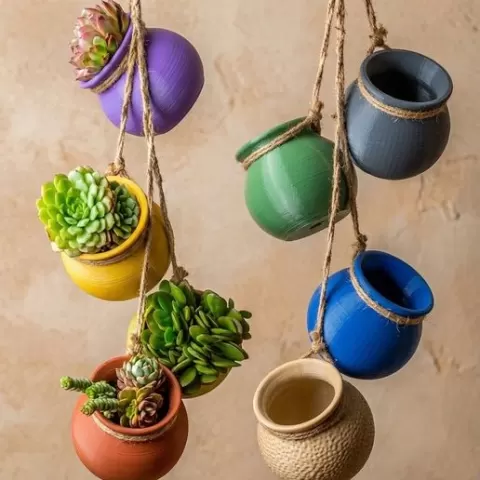 Hanging Succulent & Herb Pot - Boho Kitchen Garden Planter - Rope Suspended Mini Vase STL - DIY Indoor Vertical Garden