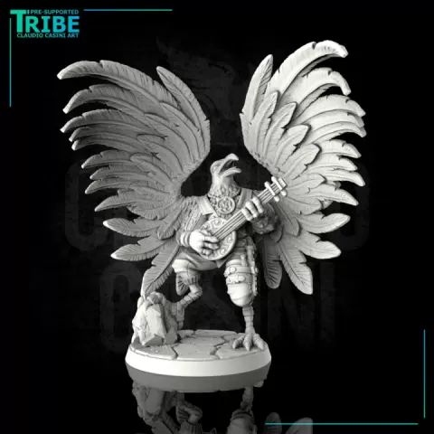 (0053) Male featherfolk bird man folk aarakocra bard with guitar or liute by Claudio Casini Art
