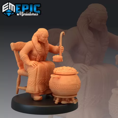 Fire Dwarf Female Cooking / Dwarven Villager / Mystical Old Woman / Elemental by Epic-Miniatures