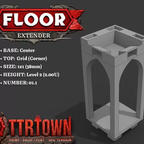 Floor - Extender - 1.25U (FRACTIONS) to 2.00U (LEVEL2) - 1x1 - Base (CENTER) - TOP (GRID - CORNER) - 1.1 - TTR Town Minis by TTR.Town