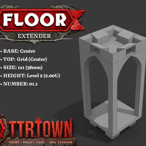 Floor - Extender - 1.25U (FRACTIONS) to 2.00U (LEVEL2) - 1x1 - Base (CENTER) - TOP (GRID - CENTER) - 1.1 - TTR Town Minis by TTR.Town