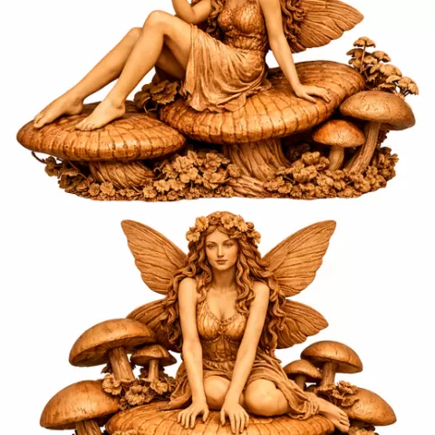 Pair of Woodland Forest Style Fairies on mushroom forest floor resting