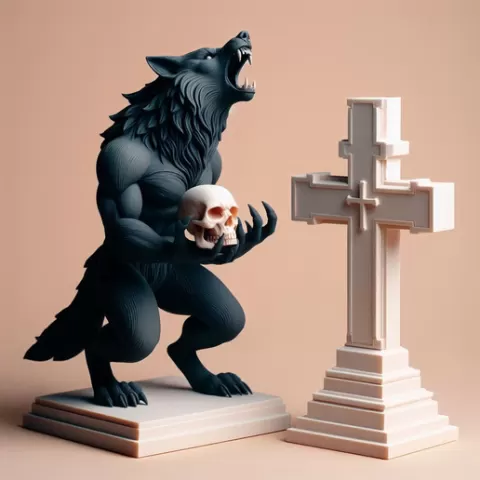 3104 Werewolf Howling with Skull - 3D Model, magic, dragon, serpent, wood, gnome, gorgon, warrior, wild, fox, monster, cat, fair, witch, werewolf, horror, beast, snake, skeleton dance, Halloween, stl, 3d