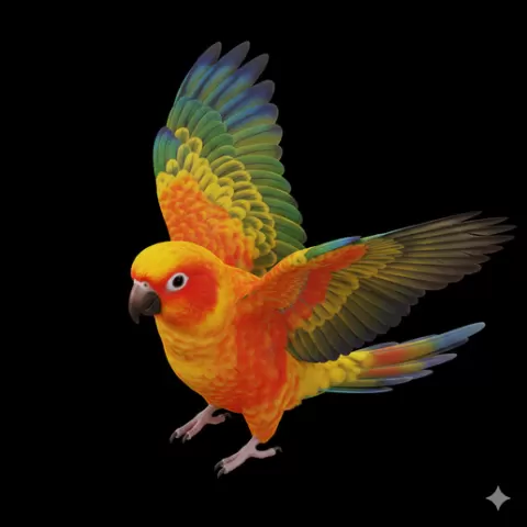 Sun conure wings half open, bird, birds, avian, animal, wildlife, nature, wings, feathers, beak, flight, flying, perch