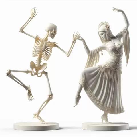 3099 Tango of Life and Death - 3D-Printed Minimalist Statues, stl, 3d, magic, dragon, serpent, mask, gnome, gorgon, venetian carnival, wild, fox, monster, cat, fair, witch, werewolf, horror, beast, snake, troll, skeleton dance
