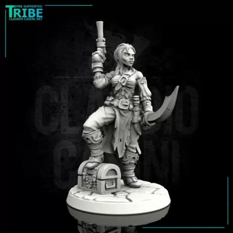 (0018) Female human elf fish tiefling pirate with gun by Claudio Casini Art