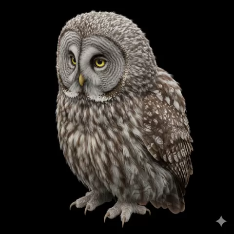 Great grey owl slight head turn, bird, birds, avian, animal, wildlife, nature, wings, feathers, beak, flight, flying, perch
