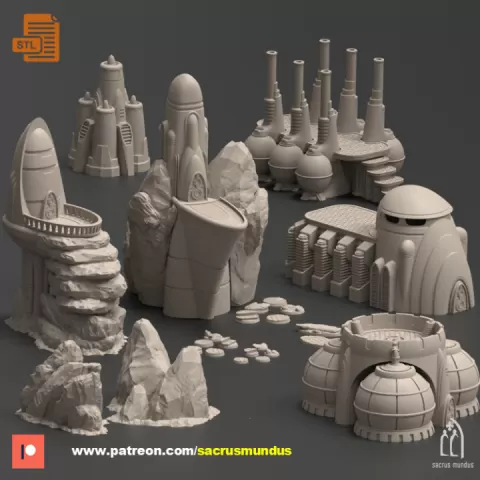 The Thriving Planet. 3d Printing Designs Bundle. Futuristic Scifi Buildings, Rocks and Generators. Terrain and Scenery for Wargames by Sacrusmundus