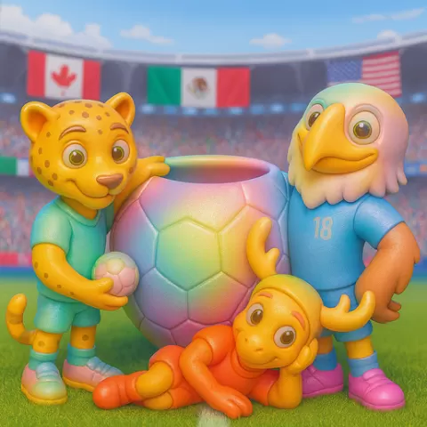 2026 Soccer Rainbow Hex Bowl - ZAYU, AERO & MOKO Fan Mascot Edition | World Cup Candy Jar / Snack Cup / Organizer