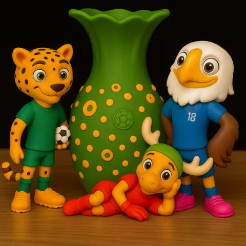 2026 Soccer Celebration Vase - ZAYU, AERO & MOKO Fan Mascot Edition | World Cup Floral Vase / Decor | Textured Football Design