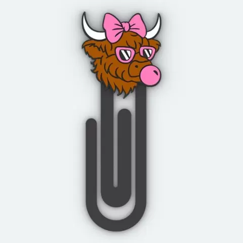 Paperclip Highland cow with glasses and bubble gum - bookmark - 3MF pre-painted , STL