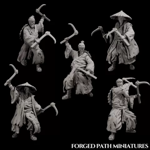 Japanese Ronin Peasant Fighters – 5 Armed Villagers with Kama | Bushido STL Miniatures by Forged Path Miniatures