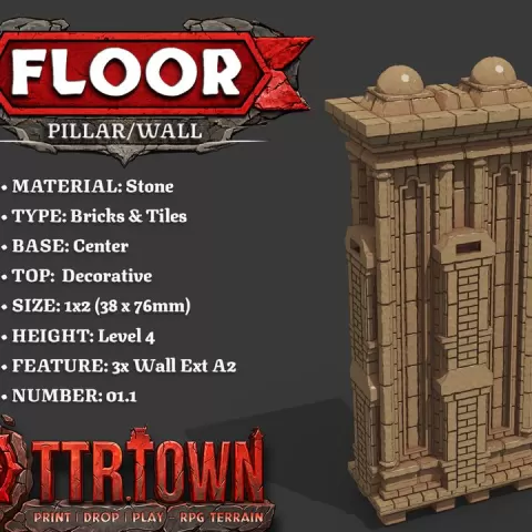 Floor - Wall Pillar - 1x2 - Level 04 - Top (DECORATIVE) - Base (CENTER) - 3x Wall Extension - TTR Town Minis by TTR.Town