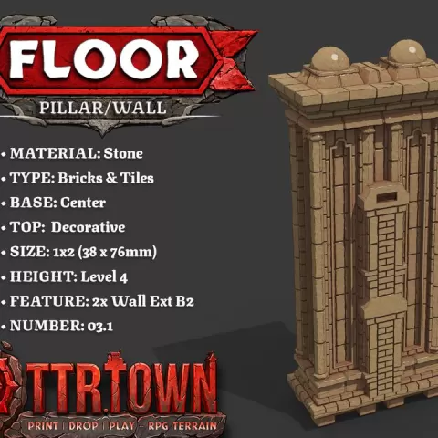 Floor - Wall Pillar - 1x2 - Level 04 - Top (DECORATIVE) - Base (CENTER) - 2x Wall Extension - TTR Town Minis by TTR.Town