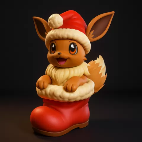 Adorable Eevee in Christmas Stocking | Cute Holiday Pokémon Inspired Figurine | Festive Eevee Statue | Christmas Decoration
