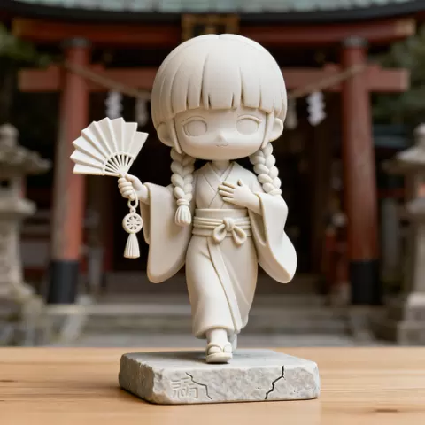 Kimono Girl with Fan 3D Print Figurine - Cute Japanese STL