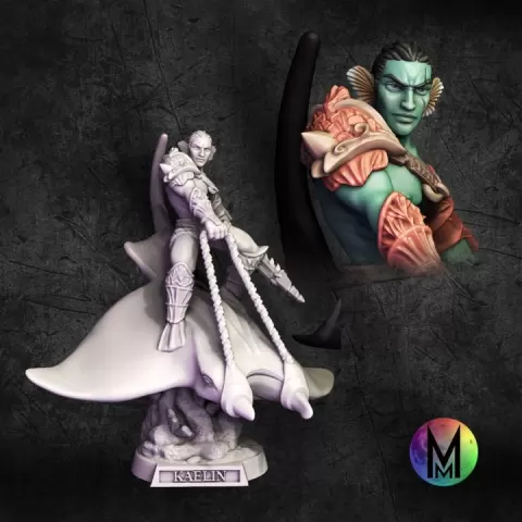 Elven (Sea Elf) Manta Cavalry - Killian the Sea Elf Royal Cavalry ( Sea Elf fighter with Spear on Elven Cavalry Manta Ray ) by Moonlight Minis- Christine Van Patten
