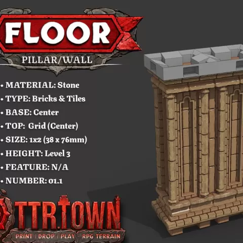 Floor - Wall Pillar - 1x2 - Level 03 - Top (GRID - CENTER) - Base (CENTER) 1.1 - TTR Town Minis by TTR.Town
