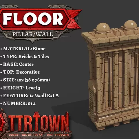 Floor - Wall Pillar - 1x2 - Level 03 - Top (DECORATIVE) - Base (CENTER) - 1x Wall Extension - TTR Town Minis by TTR.Town
