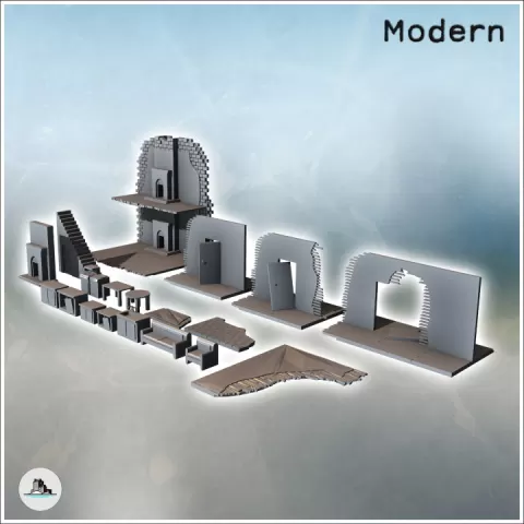 Set of accessories for urban ruins with interior furniture and wall sections (1) - Modern WW2 WW1 World War Diaroma Wargaming RPG Mini Hobby by Hartolia Miniatures