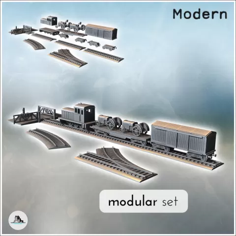 Set of modern trains with diesel locomotive, platforms with tractors, and cattle transport wagons (2) - Modern WW2 WW1 World War Diaroma Wargaming RPG Mini Hobby by Hartolia Miniatures