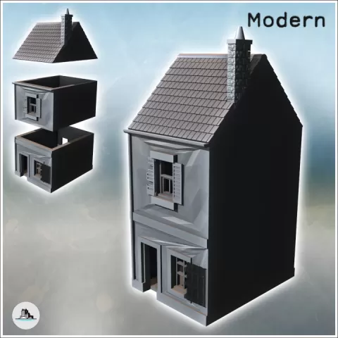 Multi-story house with damaged chimney and shutters (42) - Modern WW2 WW1 World War Diaroma Wargaming RPG Mini Hobby by Hartolia Miniatures