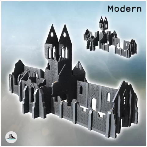 Destroyed Gothic-style church with central tower and stone walls (30) - Modern WW2 WW1 World War Diaroma Wargaming RPG Mini Hobby by Hartolia Miniatures