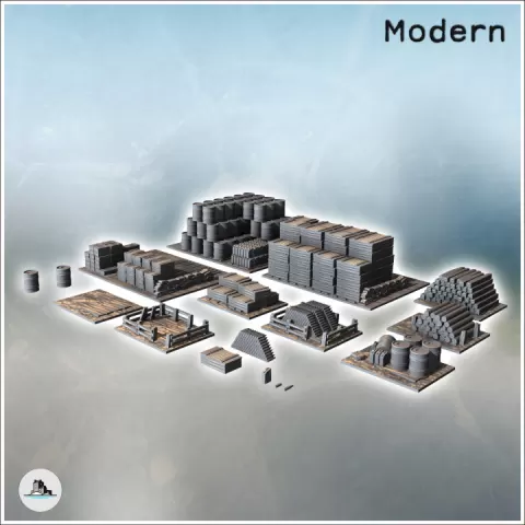 Set of ammunition depot accessories with shells, barrels, and crates (3) - Modern WW2 WW1 World War Diaroma Wargaming RPG Mini Hobby by Hartolia Miniatures