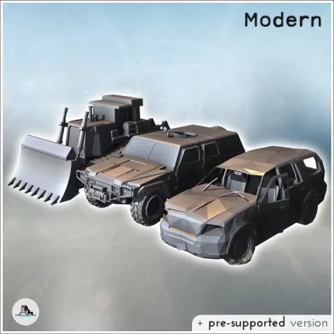 Set of three post-apocalyptic vehicles with vehicle carcasses, bulldozer, and Hummer (4) - Future Sci-Fi SF Post apocalyptic Tabletop Scifi 28mm 15mm 20mm Modern by Hartolia Miniatures