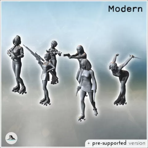Set of six armed rollerblading women with assault rifles and knives (4) - Modern WW2 WW1 World War Diaroma Wargaming RPG Mini Hobby by Hartolia Miniatures
