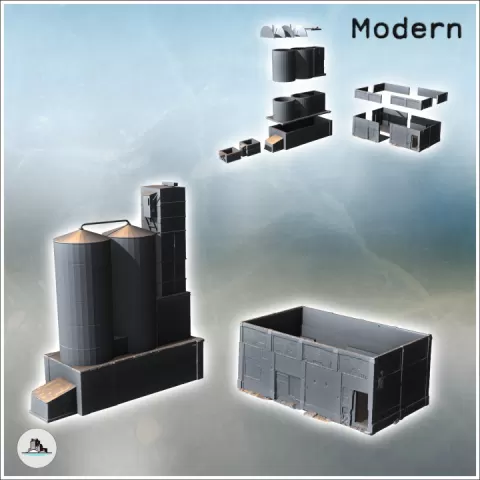 Set of two buildings with a large double storage silo (2) - Modern WW2 WW1 World War Diaroma Wargaming RPG Mini Hobby by Hartolia Miniatures
