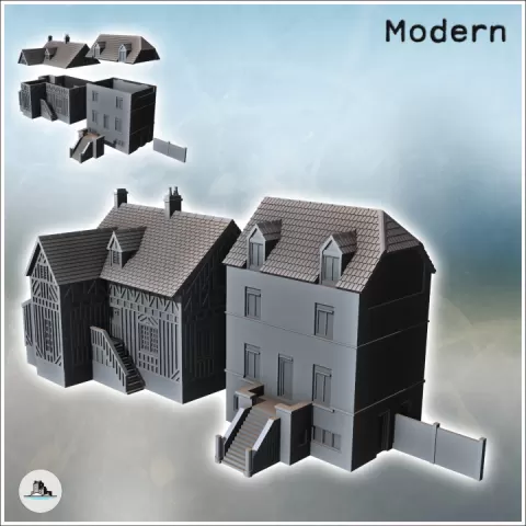 Set of two houses from Sword Beach (Ouistreham, Normandy, France) - Modern WW2 WW1 World War Diaroma Wargaming RPG Mini Hobby by Hartolia Miniatures