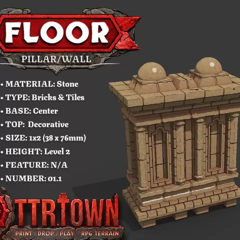 Floor - Wall Pillar - 1x2 - Level 02 - Top (DECORATIVE) - Base (CENTER) - TTR Town Minis by TTR.Town