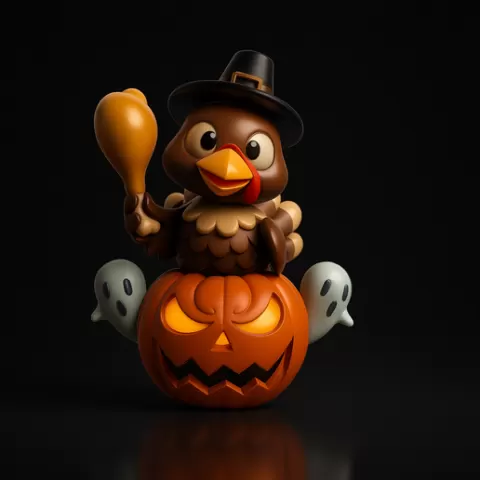 Thanksgiving Turkey Riding Halloween Pumpkin – Cute Festive Decoration with Ghosts | Funny Holiday Crossover Figurine | Perfect Autumn Decor