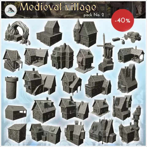 Medieval village pack No. 2 - Medieval Gothic Feudal Old Archaic Saga 28mm 15mm by Hartolia Miniatures