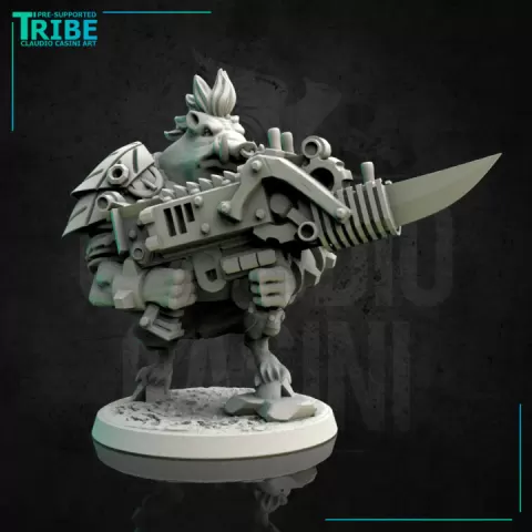 (0148) Male post apocalyptic mutant boar with rifle heavy cannon by Claudio Casini Art