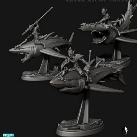 Atlantean Sea Elves - Shark Riders / Feral Sharks by Edge Miniatures