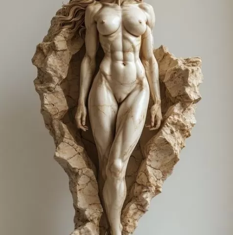 Sculpted Grace and Strength: Intricate Female Figure Sculpture Emerging from Jagged Rock, Highlighting Muscular Definition and Polished Realism