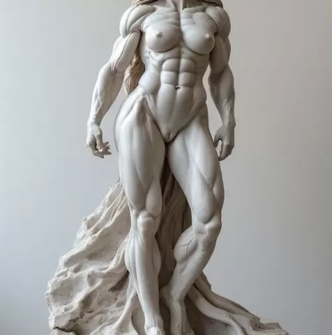 Strength and Grace: Detailed Marble Figure with Flowing Hair, Embodying Powerful Musculature and Elegant, Determined Artistry