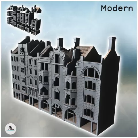 Set of Damaged European Buildings with Chimneys (5) - miniat - Hartolia Miniatures