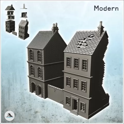 Set of two ruined two-storey buildings with low partition wa - Hartolia Miniatures