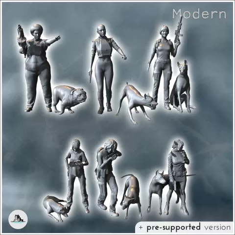 Set of six modern armed women with attack dogs (1) - miniatu - Hartolia Miniatures