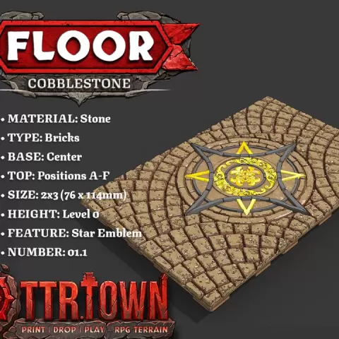 Floor - CobbleStone Fan - STAR EMBLEM - 2x3 - Base (GRID - CENTER) - (SCUFFED) - Grid Grooves 1.1 - TTR Town Minis by TTR.Town