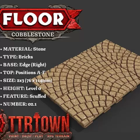 Floor - CobbleStone Fan - 2x3 - Base (GRID - EDGE - RIGHT) - (SCUFFED) - Grid Groves 2.1 - TTR Town Minis by TTR.Town