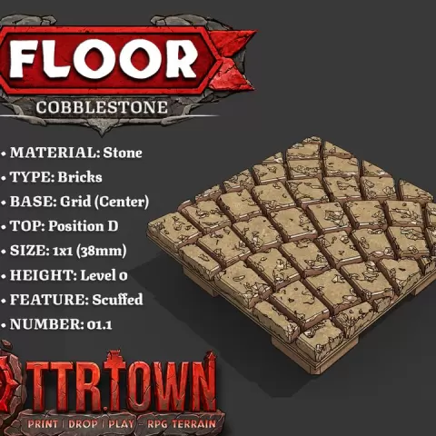 Floor - CobbleStone Fan - 1x1 - Base (GRID - CENTER) - Position D (BOTTOM LEFT) - (SCUFFED) 1.1 - TTR Town Minis by TTR.Town